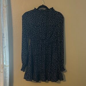 SHEIN Long Sleeve Navy Blue Mini Dress with White Polka Dots